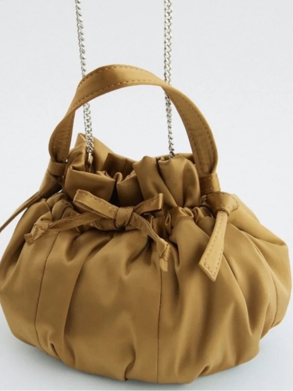 Zara Golden Drawstring Satin Effect Pouch Bag with Silver Chain Strap